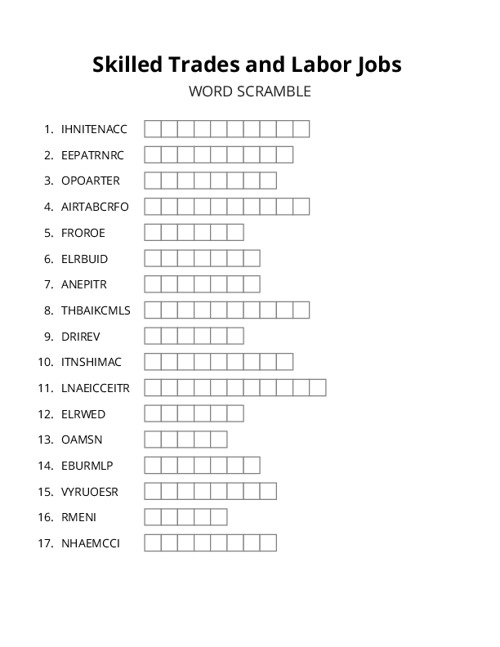 Skilled Trades and Labor Jobs Word Scramble Puzzle