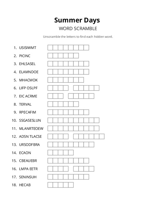 Summer Days Word Scramble Puzzle