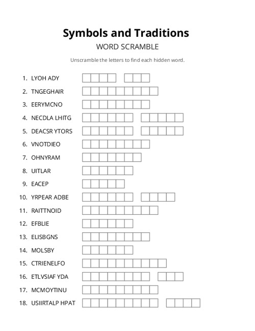 Symbols and Traditions Word Scramble Puzzle