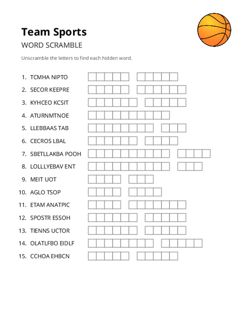 Team Sports Word Scramble Puzzle