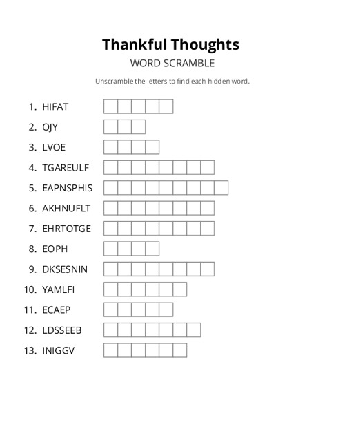 Thankful Thoughts Crossword Puzzle