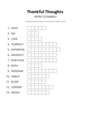 Thankful Thoughts word scramble puzzle