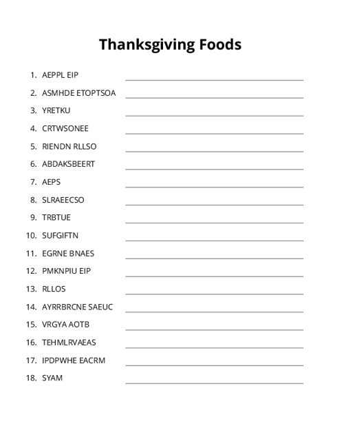 Thanksgiving Foods Crossword Puzzle
