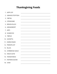 Thanksgiving Foods word scramble puzzle