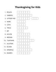 Thanksgiving for Kids word scramble puzzle