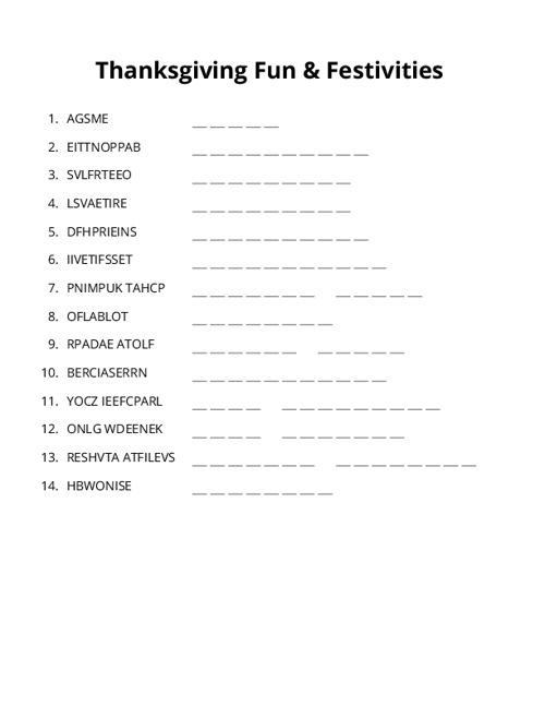 Thanksgiving Fun & Festivities Word Scramble Puzzle