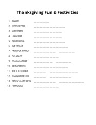 Thanksgiving Fun & Festivities word scramble puzzle