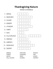 Thanksgiving Nature word scramble puzzle