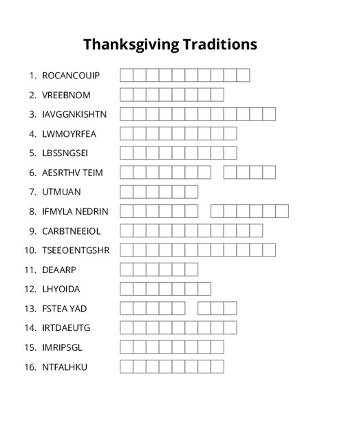 Thanksgiving Traditions Word Scramble Puzzle