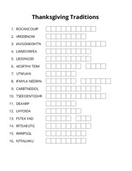 Thanksgiving Traditions word scramble puzzle