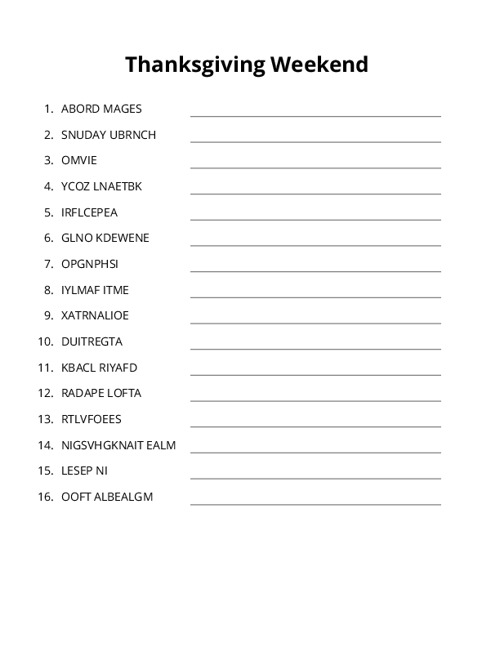 Thanksgiving Weekend Word Scramble Puzzle