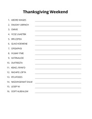 Thanksgiving Weekend word scramble puzzle