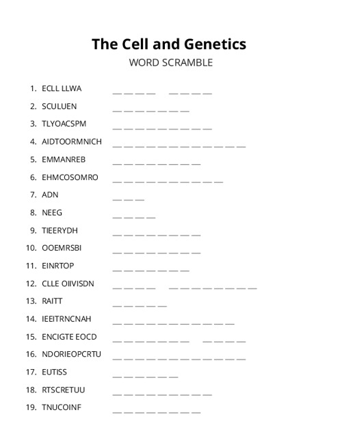 The Cell and Genetics Word Scramble Puzzle