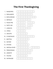 The First Thanksgiving word scramble puzzle