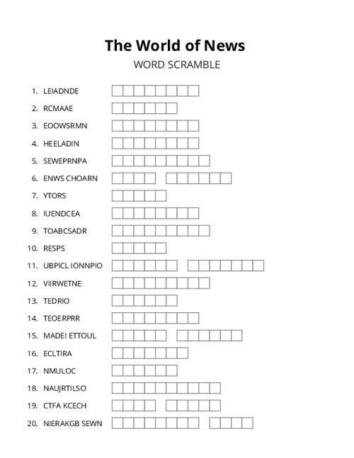 The World of News Word Scramble Puzzle