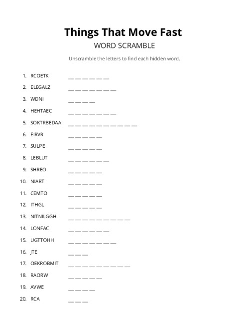 Things That Move Fast Word Scramble Puzzle