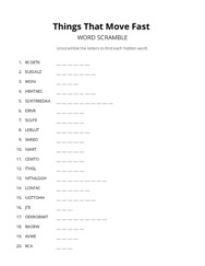 Things That Move Fast word scramble puzzle
