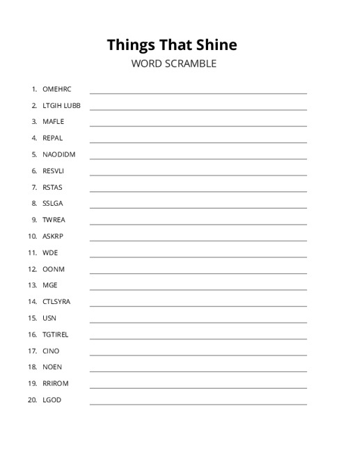 Things That Shine Word Scramble Puzzle