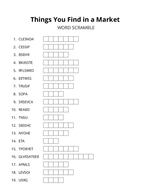 Things You Find in a Market Word Scramble Puzzle