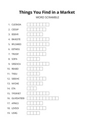 Things You Find in a Market word scramble puzzle