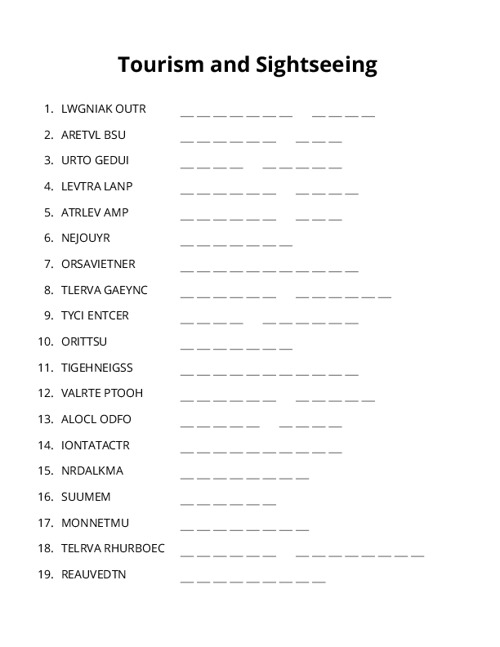 Tourism and Sightseeing Word Scramble Puzzle