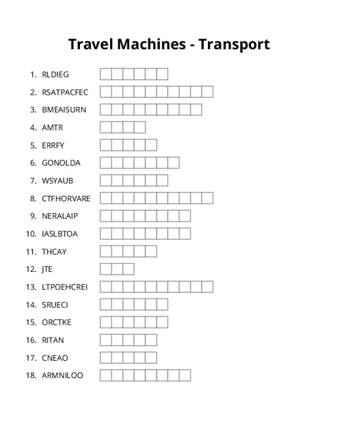 Travel Machines - Transport Word Scramble Puzzle