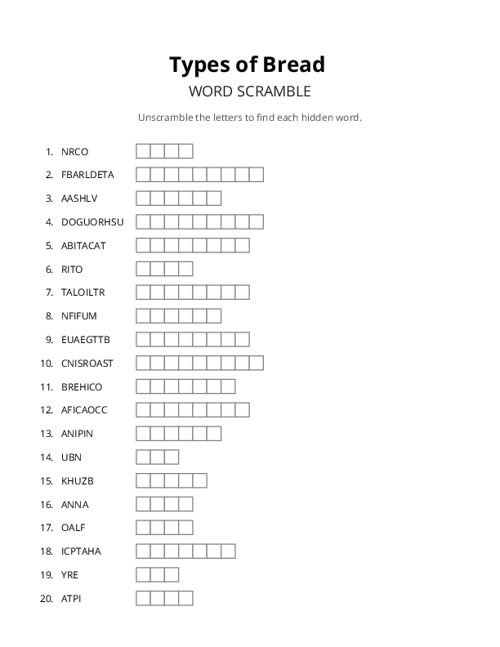Types of Bread Word Scramble Puzzle
