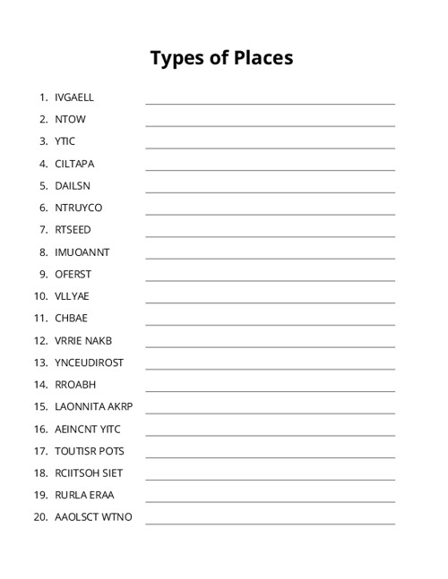 Types of Places Word Scramble Puzzle