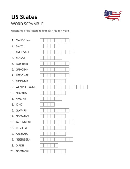 US States Word Scramble Puzzle