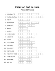 Vacation and Leisure word scramble puzzle