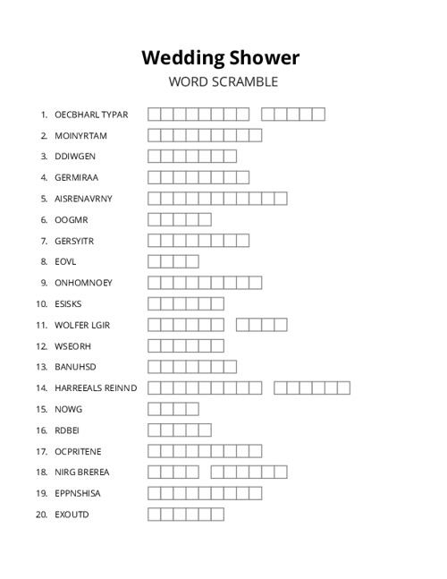 Wedding Shower Word Scramble Puzzle