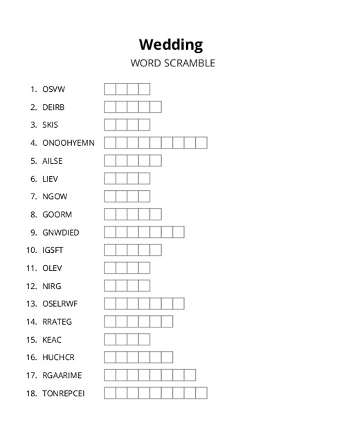 Wedding Word Scramble Puzzle
