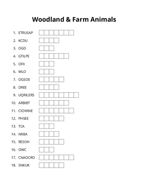 Woodland & Farm Animals Word Scramble Puzzle