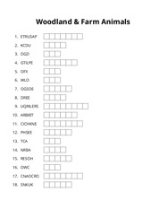 Woodland & Farm Animals word scramble puzzle