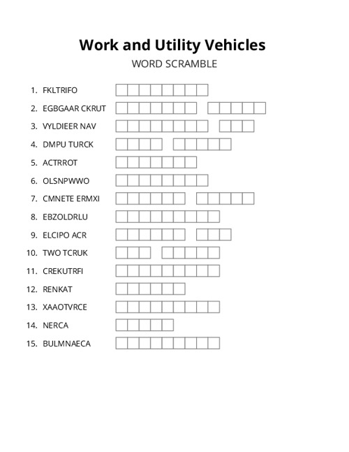 Work and Utility Vehicles Word Scramble Puzzle