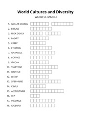 World Cultures and Diversity word scramble puzzle