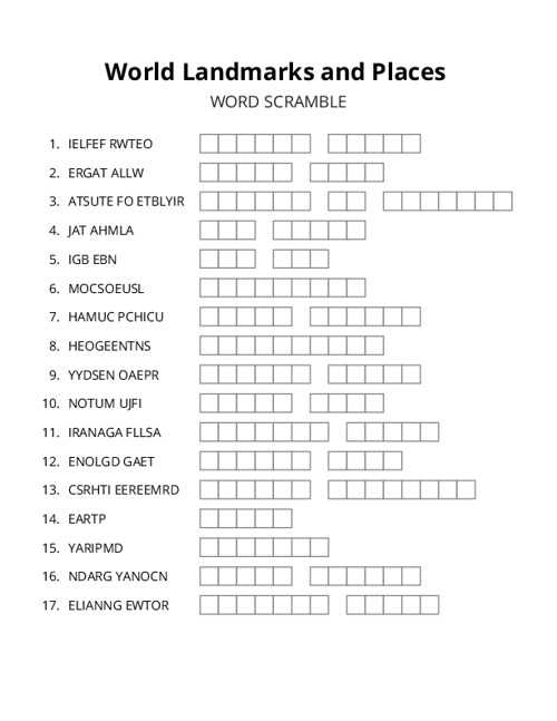 World Landmarks and Places Word Scramble Puzzle