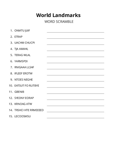 World Landmarks Word Scramble Puzzle