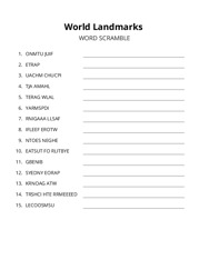 World Landmarks word scramble puzzle