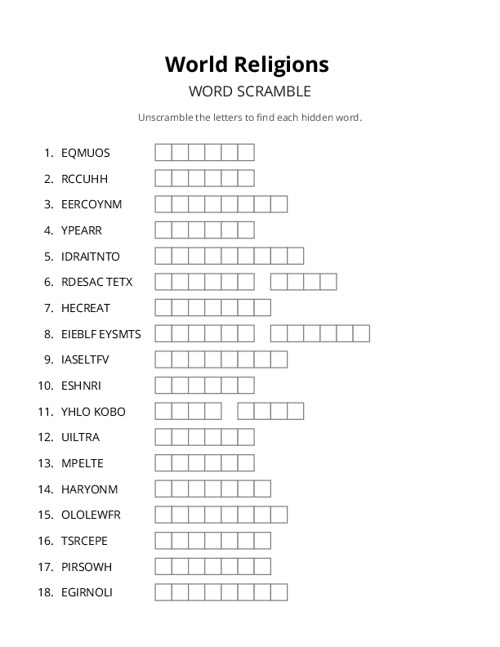 World Religions Word Scramble Puzzle