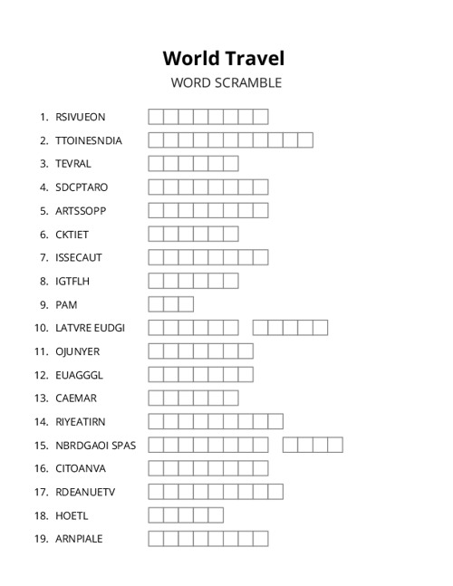 World Travel Word Scramble Puzzle