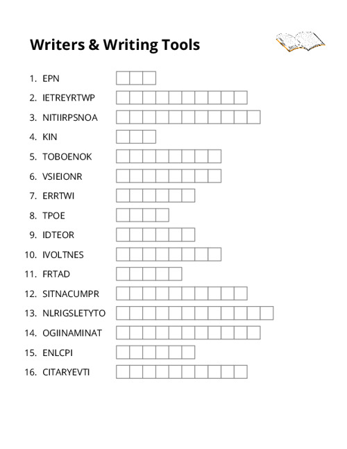 Writers & Writing Tools Word Scramble Puzzle