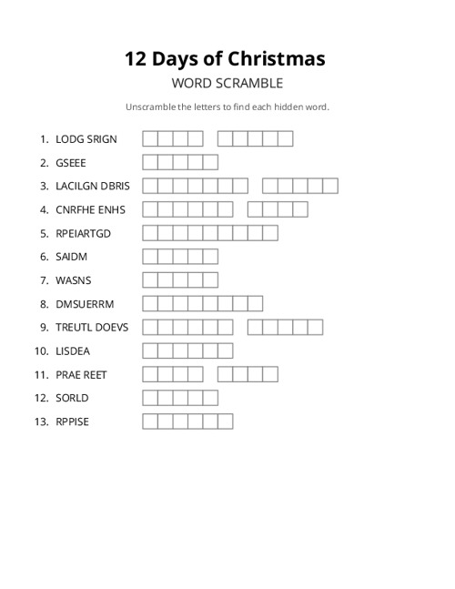 12 Days of Christmas Word Scramble Puzzle