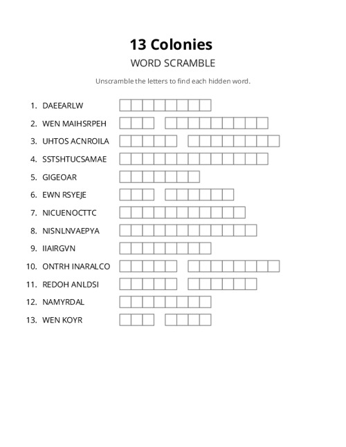 13 Colonies Word Scramble Puzzle