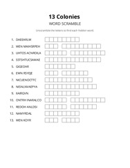 13 Colonies word scramble puzzle