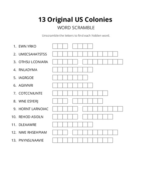 13 Original US Colonies Word Scramble Puzzle