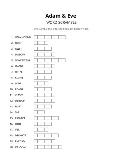 Adam & Eve Word Scramble Puzzle