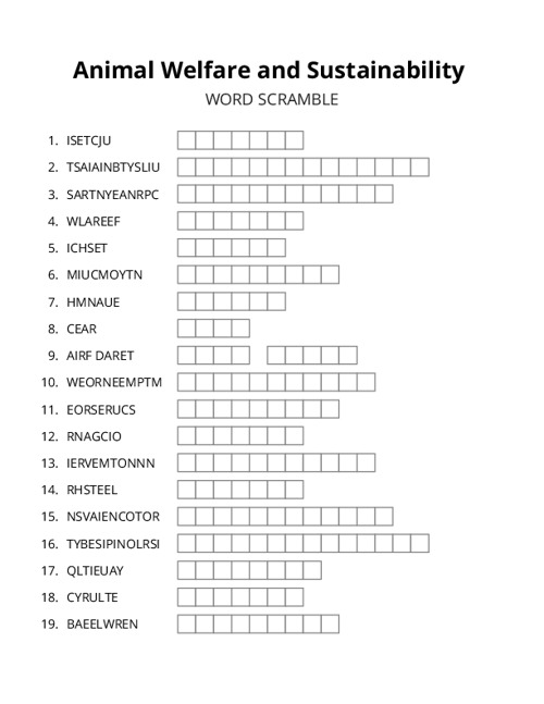 Animal Welfare and Sustainability Word Scramble Puzzle