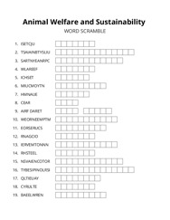 Animal Welfare and Sustainability word scramble puzzle