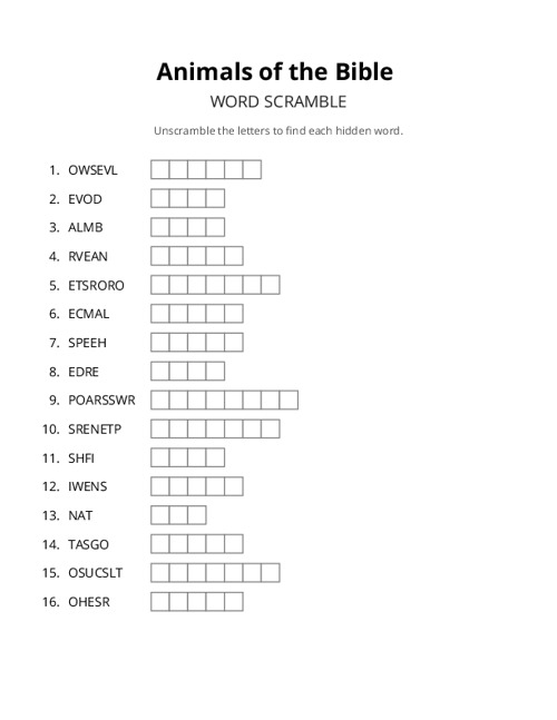 Animals of the Bible Word Scramble Puzzle